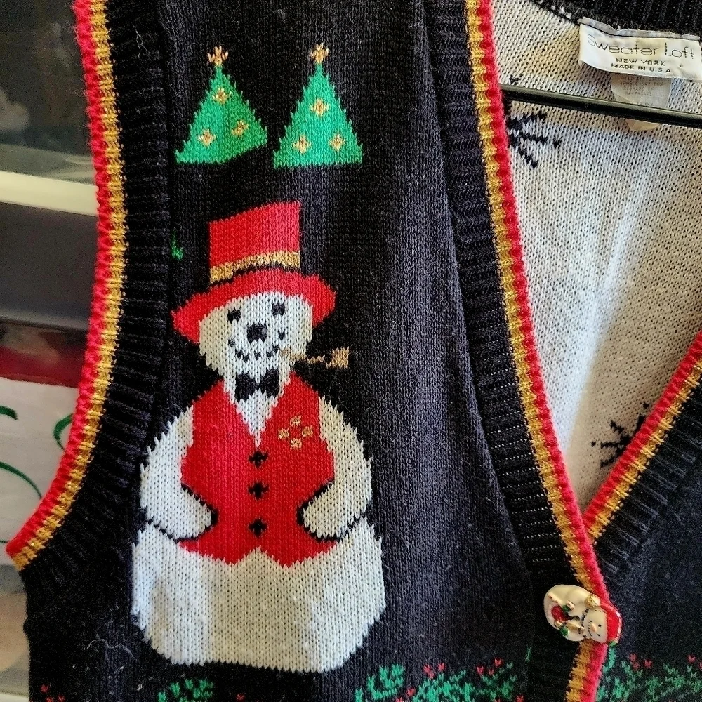 Vintage Sweater Loft Snowman Christmas Holiday Vest Large Buttons Women's M EUC